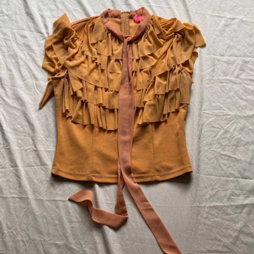 Xtaren | Mustard Ruffle Tiered Puff Sleeve Top with Tie Neck | Size L